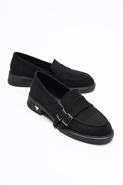 Mubiano Mocasini din piele intoarsa pentru dama, cu catarama platinata, negru Viva