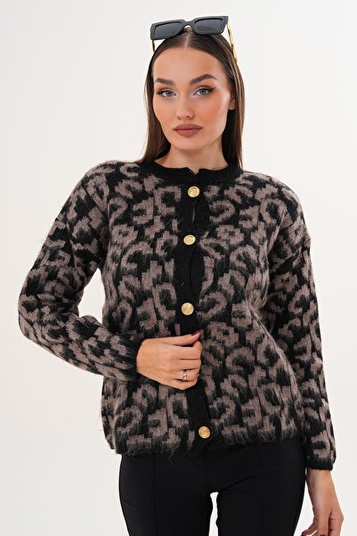 ŞİMAL Women's Leopard Print Button Closure Knitwear Knitted Cardigan 255143 -