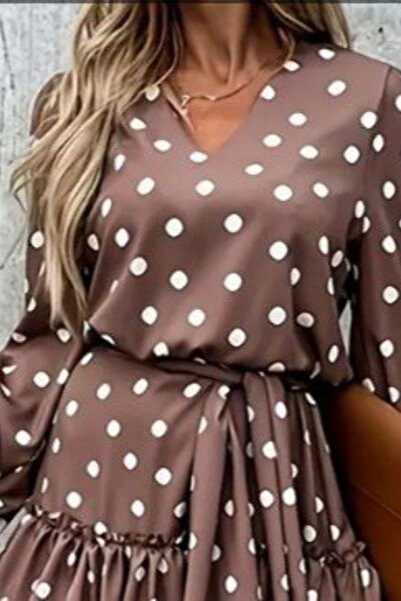 Mossta V-Neck Polka Dot Ruffled Mini Dress - Mink