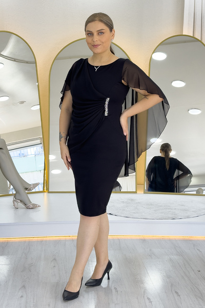 zks grup tekstil Women's Plus Size Midi Length Chiffon Cape Evening Dress Navy Blue, Burgundy, Saks Blue, Black