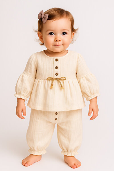 PİETRA BABY KİDS Ribbon-Detail Detailed Multi-Sleeved 100% Cotton Muslin Fabr...