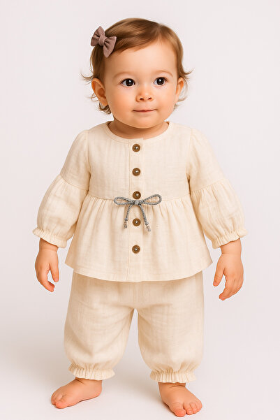 PİETRA BABY KİDS Ribbon-Detail Detailed Multi-Sleeved 100% Cotton Muslin Fabric Baby and Child Girls Double Set