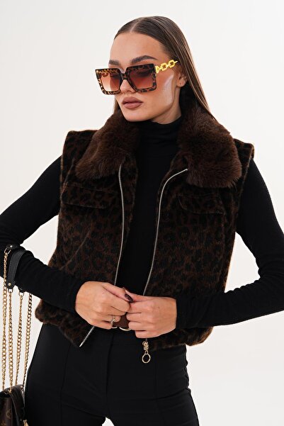 ŞİMAL Vestă cu pene cu model leopard pentru femei 255380 -