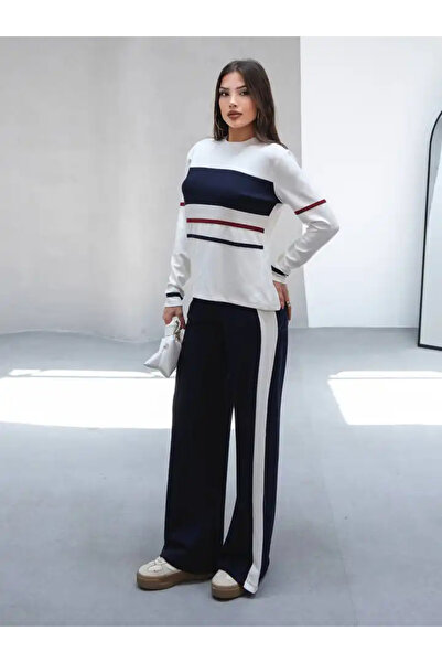 cemo Kadın Çizgili Pamuklu Sweat Pantolon Rahat Takım