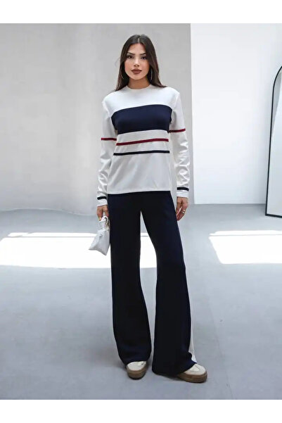 cemo Kadın Çizgili Pamuklu Sweat Pantolon Rahat Takım