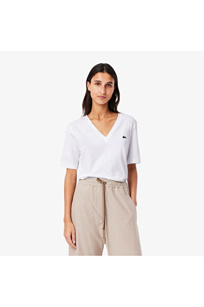 Lacoste Women's Relaxed Fit V-Neck White T-Shirt