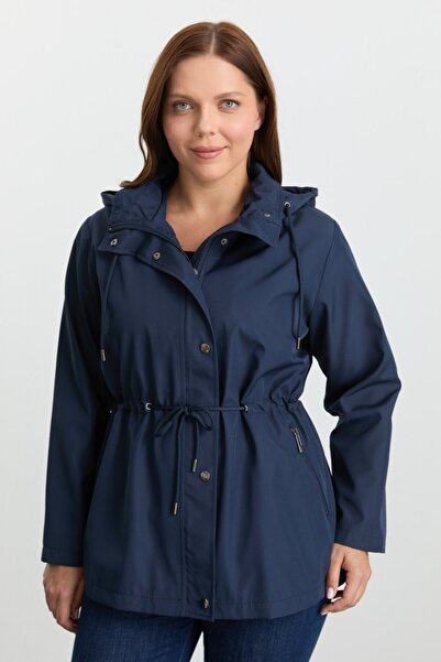 Selen Giyim Büyük Beden Beli Büzgülü Kapüşonlu Trençkot