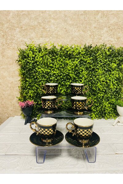 Tekbir Gold Kare Detaylı Siyah Kahve Fincan