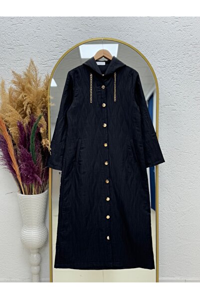 BENAHOLL Celedra Kapşonlu Kapitona Zincir Detaylı Tam Boy Trenç-ZŞ6010 Siyah