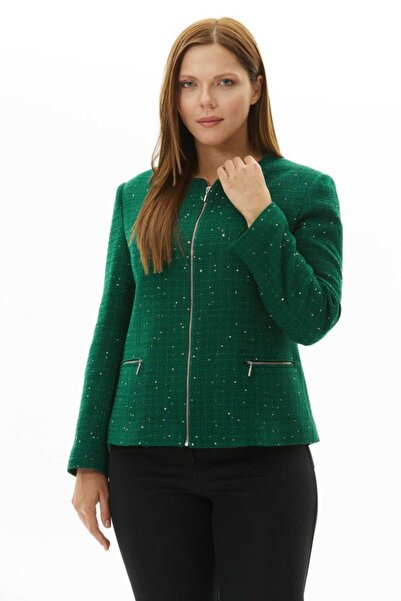 Selen Giyim Büyük Beden Önü ve Cebi Fermuarlı Simli Ceket