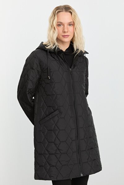 Selen Giyim Önü Fermuarlı Kapitone Petek Desen Uzun Mont