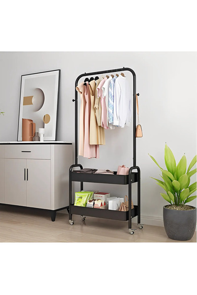 Herum Mobile metal coat rack with space for hangers, 2 compartments, Black, 66 x 30 x 160 cm