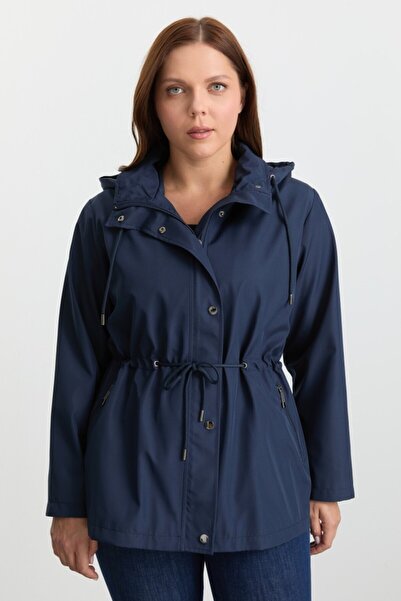 Selen Giyim Büyük Beden Beli Büzgülü Kapüşonlu Trençkot