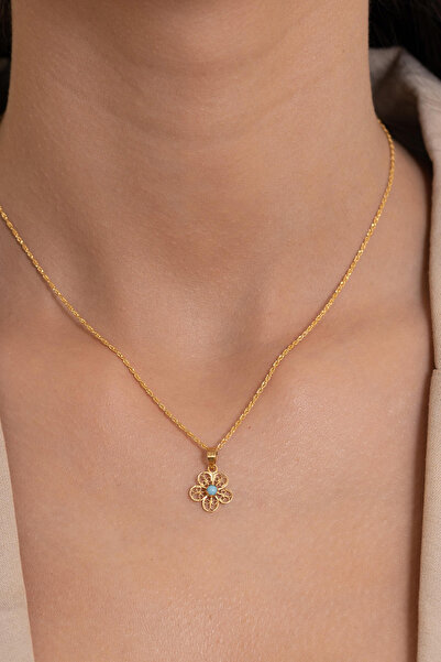 AMES GOLD KUYUMCULUK 14 Ayar Altın Papatya Turkuaz Boncuklu Kolye