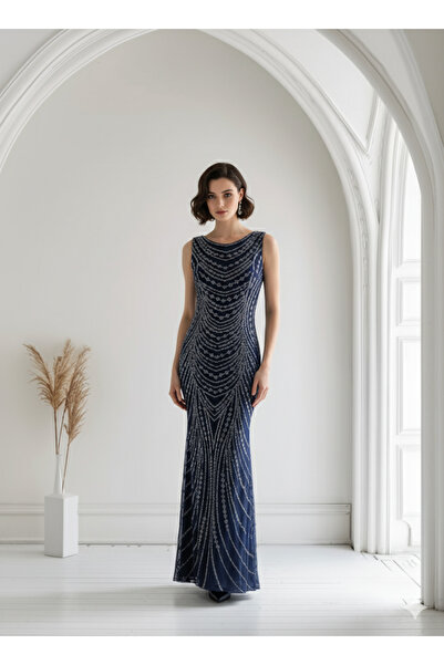 abiye pazarı Lacivert taşlı,simli,şık,tasarım Abiye Elbise - Özel Davet ve Gece Elbisesi