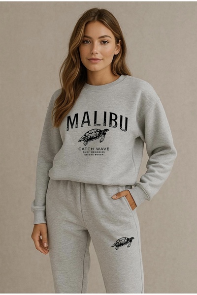 FUFLUNS طقم بدلة رياضية ماليبو مطبوعة للجنسين بياقة دائرية وتصميم فضفاض