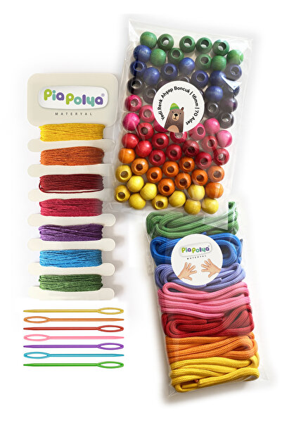 piapolya 7 Renk Paketi | Ahşap Boncuk | Bağcık | Plastik İğne | Etkinlik İpi | Dizme | Eşleştirme