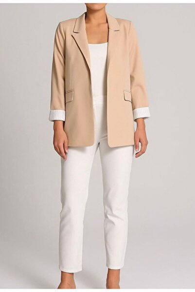 TOMRİS GİYİM Kadın Çizgili Kol Katlamalı Vatkalı Blazer Ceket