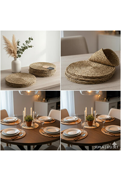 NORDİVA HOME Hasır Jüt Supla 6'lı Set Amerikan Servis 33 Cm Çap Supla 6'lı
