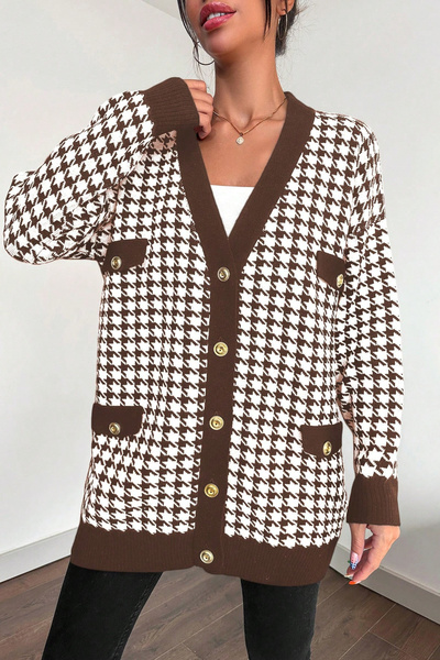 H&E LUXURY DESIGN Women's Stylish Houndstooth Pattern Soft Textured Oversize Buttoned Cardigan