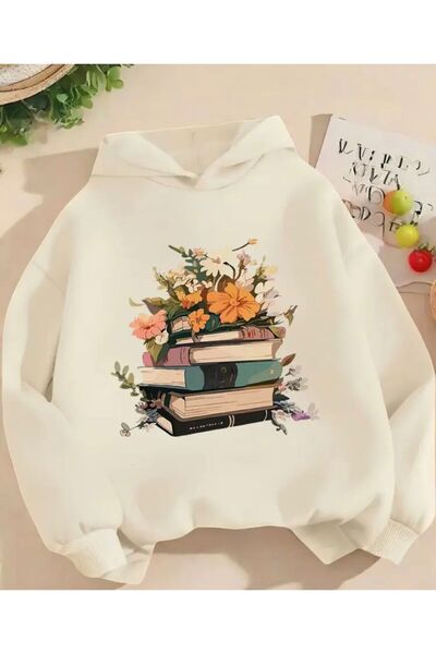 herkesemoda Hooded Sweatshirt with Book and Flower Print Detail and Fleece Inside
