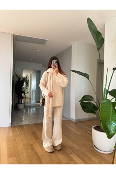 MODAMERSİ Women's Cream Hair Braided Scarf Sweater Pants Triple Knitwear Set