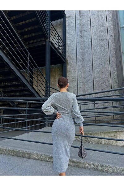 Modafeminen Double Breasted Collar Long Sleeve Glitter Midi Dress 583167 Gray