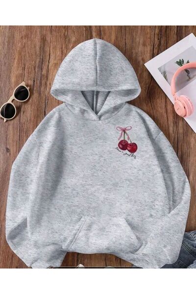 herkesemoda Суитшърт с качулка, подплатен с флис, с детайли от череши на гърдите