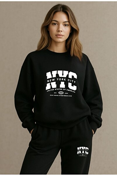 FUFLUNS طقم بدلة رياضية بطباعة NYC للجنسين بياقة دائرية وتصميم فضفاض