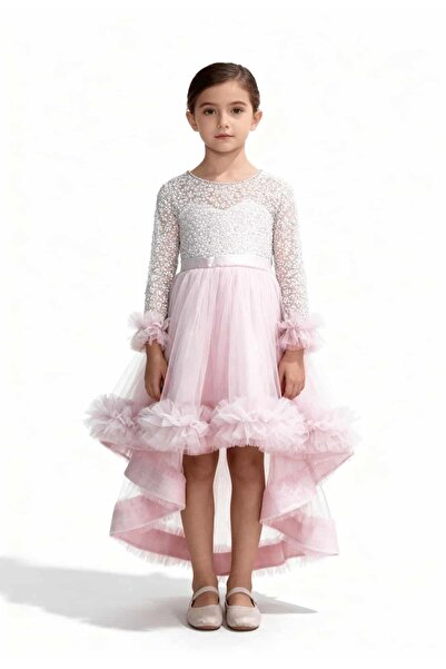 SIRRI Rochie de seară roz cu trenă pentru fete – din tul, brodată