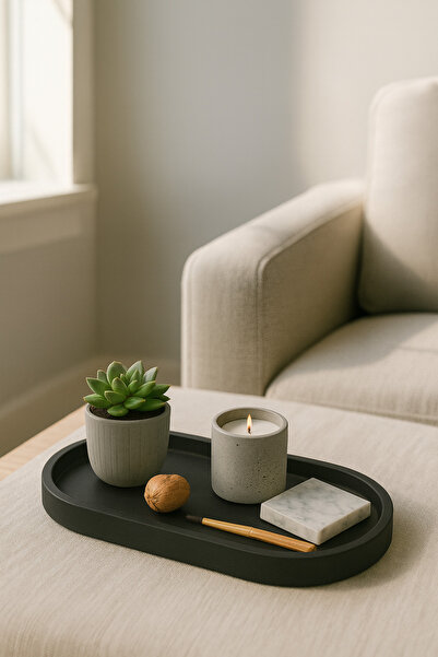 Nevhan Sanat Modern Beton Oval Tepsi – El Yapımı Minimalist Dekoratif & Servi...