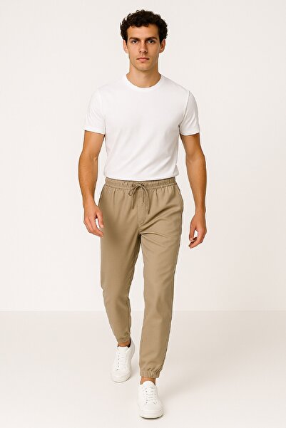 OIL PARK Men's Comfortable Fit over Jogger Lycra Stretchable Linen Gabardine Trousers with Elastic Waistband and Pockets