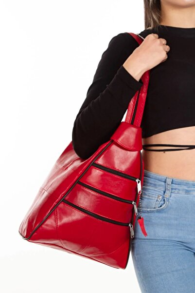 GOLDBAGS Women's Genuine Leather Large Capacity Backpack and Shoulder Bag – Red