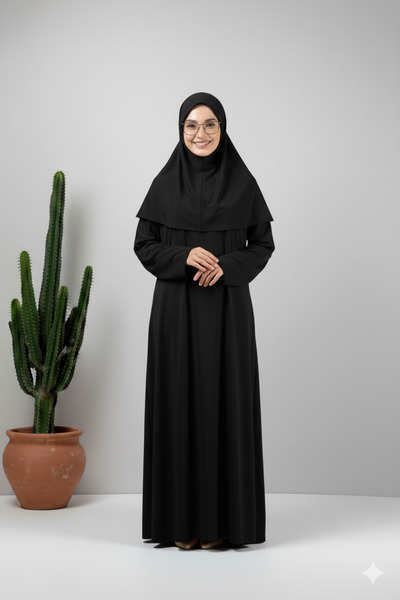 Defkay Tek parça Boydan Giyilmeli Başörtülü Kadın Namaz elbisesi Siyah