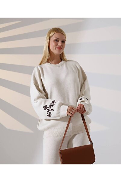 mefru Women's Sweater Pants Sleeve and Leg Embroidery Bottom Top Two-Piece Knitwear Set