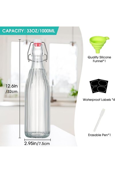 Home Zone عبوة من 4 زجاجات زجاجية ذات غطاء متأرجح سعة 33 أونصة (1 لتر)