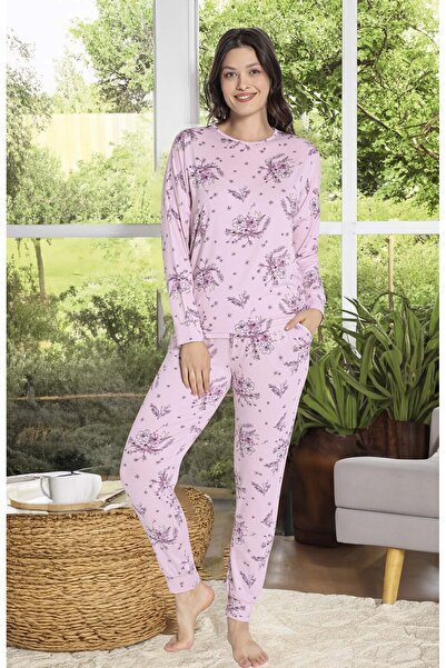 Aydoğan Σετ πιτζάμες Napoli με ροζ λουλούδια της σειράς Pure με μακρύ μανίκι