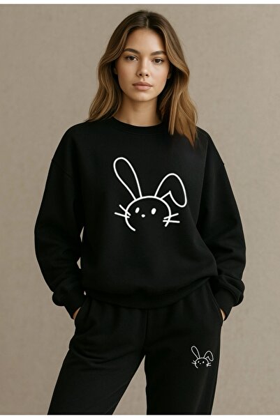 FUFLUNS طقم بدلة رياضية بياقة دائرية وطباعة أرنب للجنسين بمقاس كبير