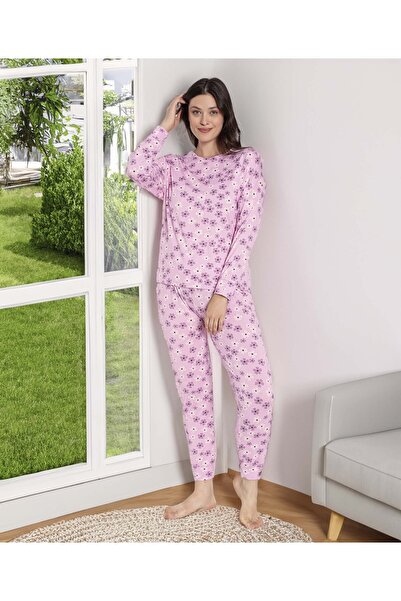 Aydoğan Σετ πιτζάμες Νάπολης με μακρύ μανίκι σε ροζ μωβ σειρά Pure με μοτίβο λουλουδιών