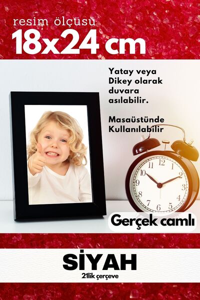 AtlasSG GERÇEK CAMLI 21lik düz 18 x 24 Siyah Fotoğraf Resim Çerçevesi Ayaklı arkalık veya Duvara Asma