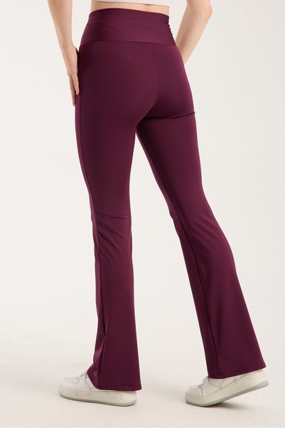 MAXFIT Women's Spanish Leg Flare Plum High Waist Cross Belt Leggings Pants Flare