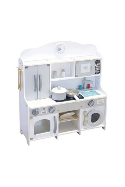 Bino Children's wooden kitchen with washing machine, white color, with 12 accessories, 64x69x23 cm
