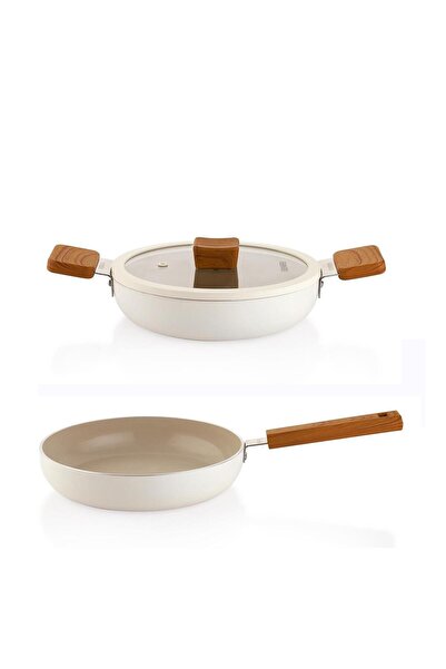 Porland Schafer Ceramoni Ceramic Pan 24 cm and 22 cm Saucepan Set with Lid – Cream