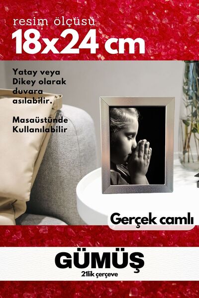 AtlasSG GERÇEK CAMLI 21lik düz 18 x 24 Gümüş Fotoğraf Resim Çerçevesi Ayaklı arkalık veya Duvara Asma