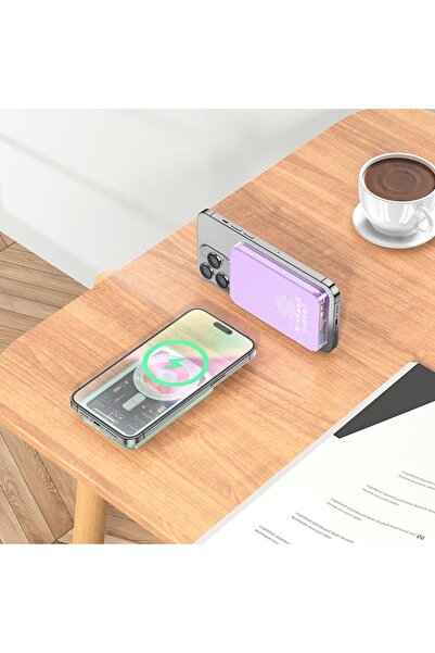 Hoco Q14 Portable Battery, 5000mAh, Wireless, USB-C PD 20W, Magnetic, LED Display, Violet