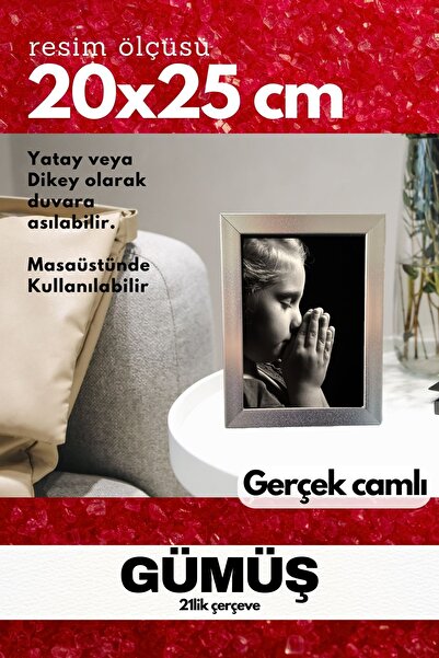 AtlasSG GERÇEK CAMLI 21lik düz 20 x 25 Gümüş Fotoğraf Resim Çerçevesi Ayaklı ...