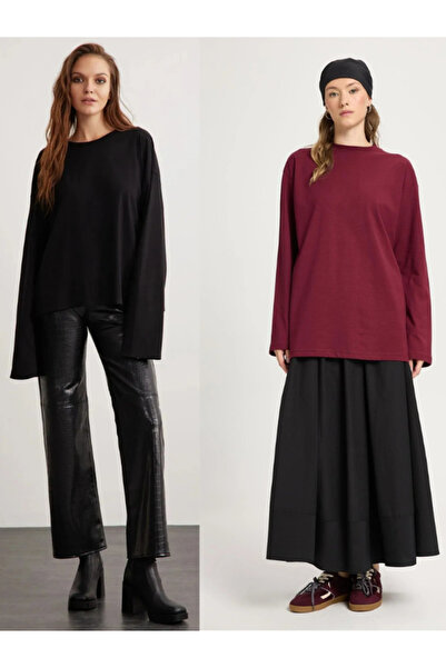 dgs look 2'Li basic Femei bumbac 100% guler rotund supradimensionat Fit Manecă lungă Negru-Burgundy tricou