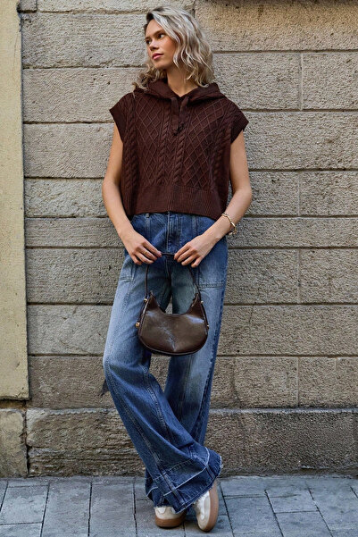 H&E LUXURY DESIGN Дамски качулат безръкавен кафяв плетен пуловер