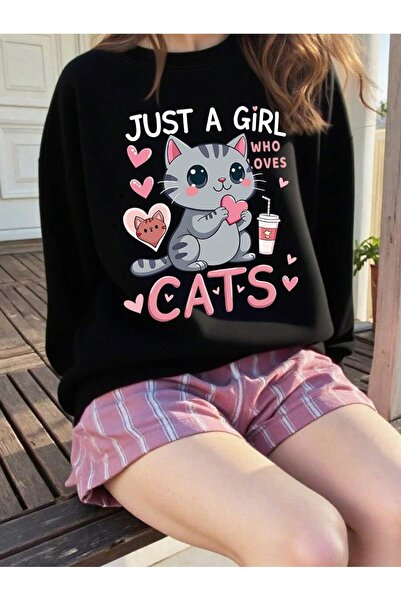 OVER HEAD Hanorac negru pentru femei Just A Girl Cat cu imprimeu guler rotund...