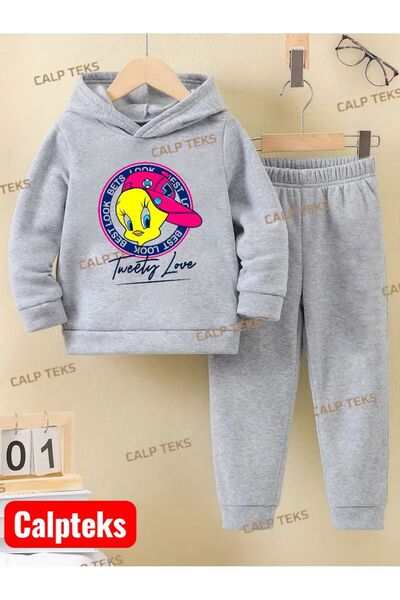 CALP TEKS Twety Hat Printed Thick Cotton Hooded Children's Tracksuit Set